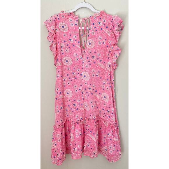 Oliphant Flirty Ruffle Hem Carolina Pink Cotton Block Print Dress Tuckernuck Med - Picture 12 of 16